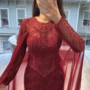Red Long Sleeve Beaded Evening Gown With Chiffon Cape