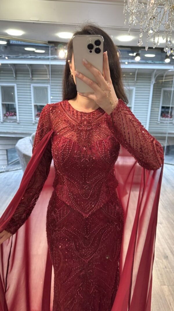 Red Long Sleeve Beaded Evening Gown With Chiffon Cape