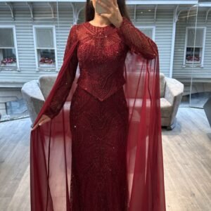 Red Long Sleeve Beaded Evening Gown With Chiffon Cape