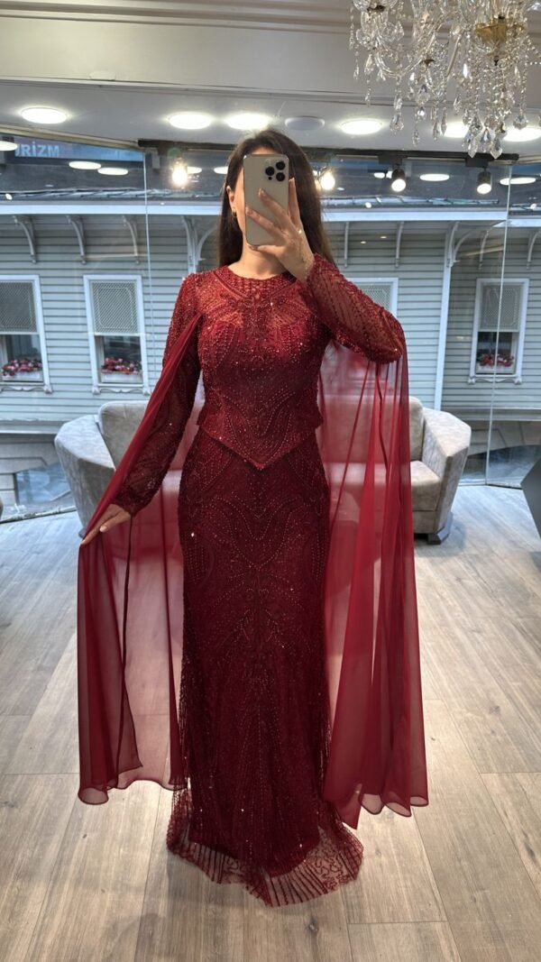 Red Long Sleeve Beaded Evening Gown With Chiffon Cape
