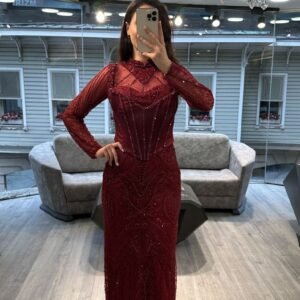 Red Long Sleeve Corset Beaded Evening Dress