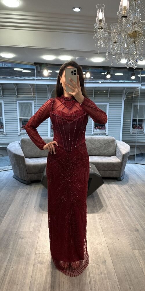 Red Long Sleeve Corset Beaded Evening Dress