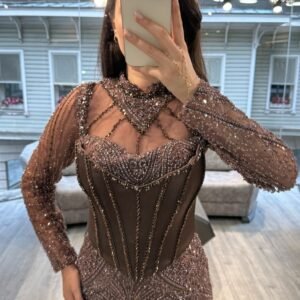 Rose Mauve Long Sleeve Beaded Column Evening Dress