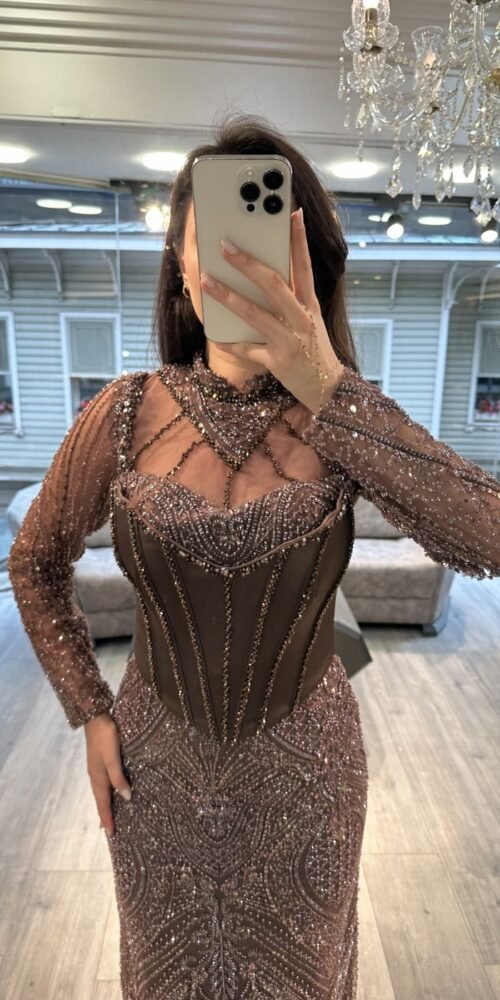 Rose Mauve Long Sleeve Beaded Column Evening Dress