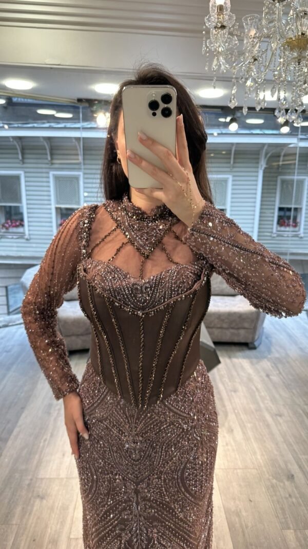 Rose Mauve Long Sleeve Beaded Column Evening Dress