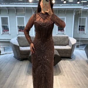 Rose Mauve Long Sleeve Beaded Column Evening Dress