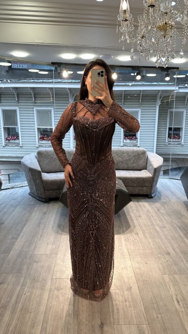 Rose Mauve Long Sleeve Beaded Column Evening Dress