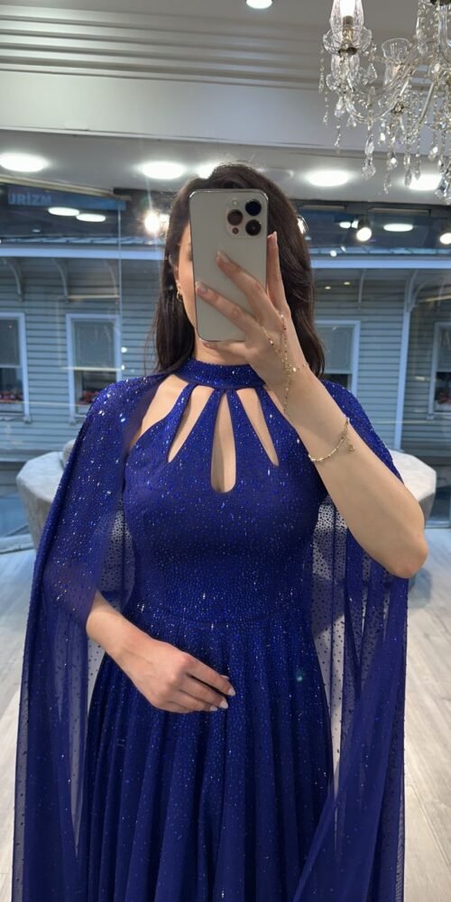 Royal Blue Cut Out Neck Chiffon Evening Gown With Cape