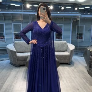 Royal Blue V Neck Beaded Chiffon Evening Dress