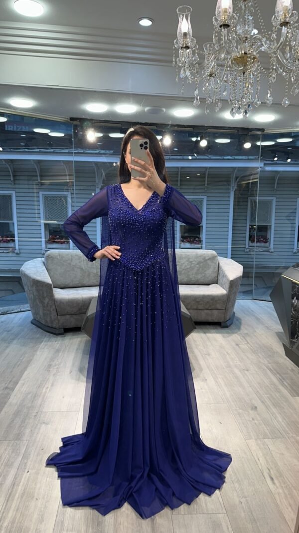 Royal Blue V Neck Beaded Chiffon Evening Dress
