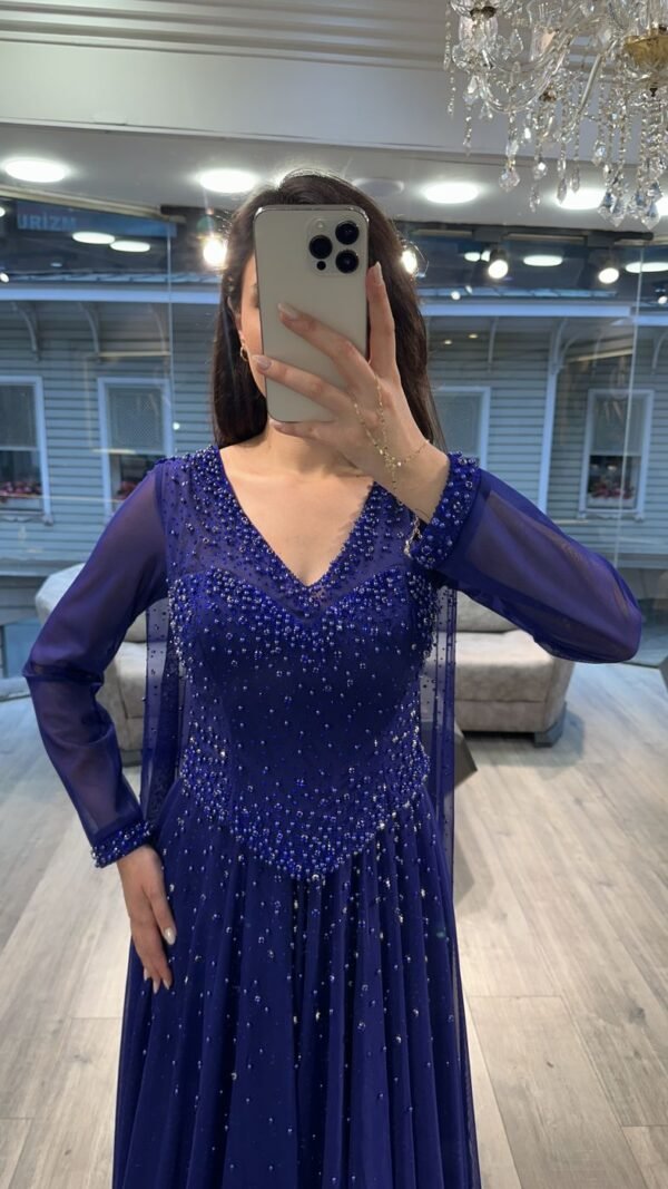 Royal Blue V Neck Beaded Chiffon Evening Dress
