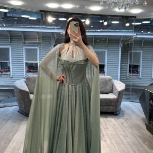 Sage Green Cut Out Neck Corset Chiffon Evening Gown With Cape
