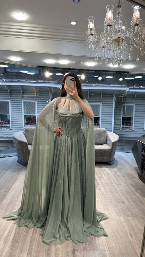 Sage Green Cut Out Neck Corset Chiffon Evening Gown With Cape