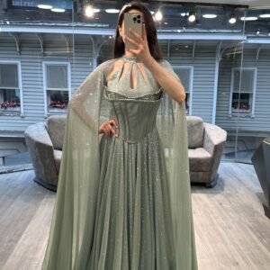 Sage Green Cut Out Neck Corset Chiffon Evening Gown With Cape