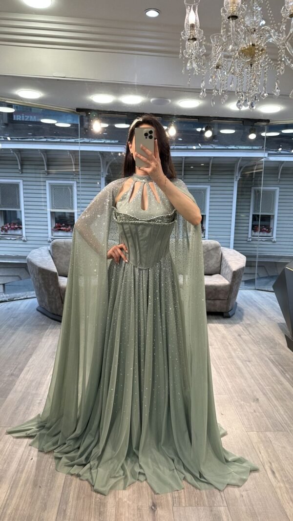 Sage Green Cut Out Neck Corset Chiffon Evening Gown With Cape