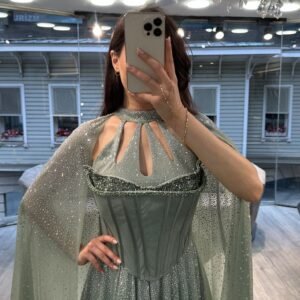 Sage Green Cut Out Neck Corset Chiffon Evening Gown With Cape