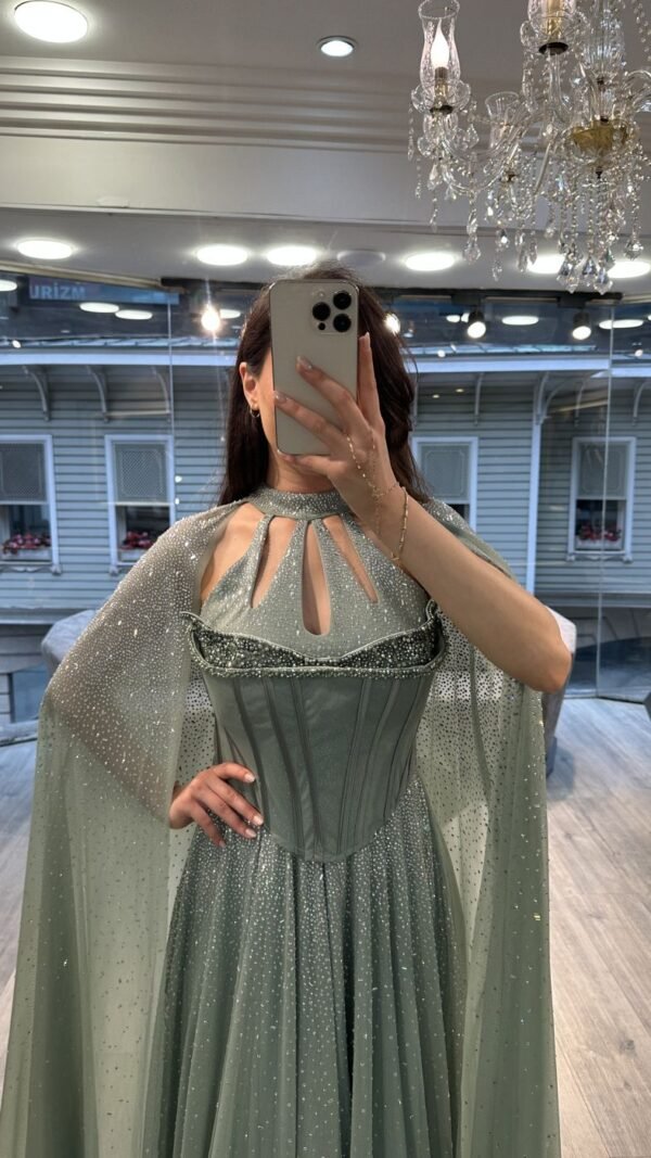 Sage Green Cut Out Neck Corset Chiffon Evening Gown With Cape