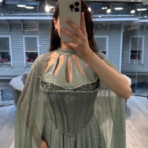 Sage Green Cut Out Neck Corset Chiffon Evening Gown With Cape