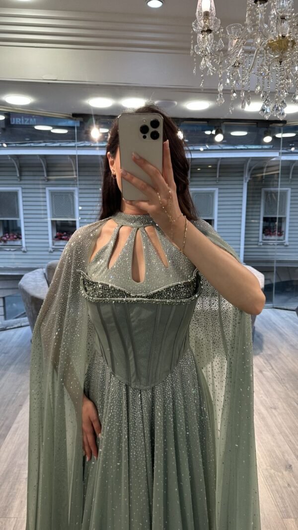 Sage Green Cut Out Neck Corset Chiffon Evening Gown With Cape