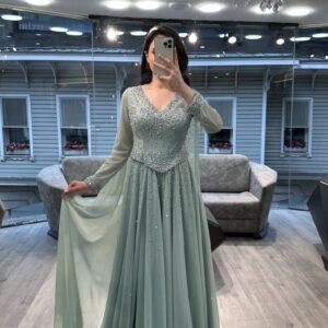 Sage Green V Neck Beaded Chiffon Evening Dress