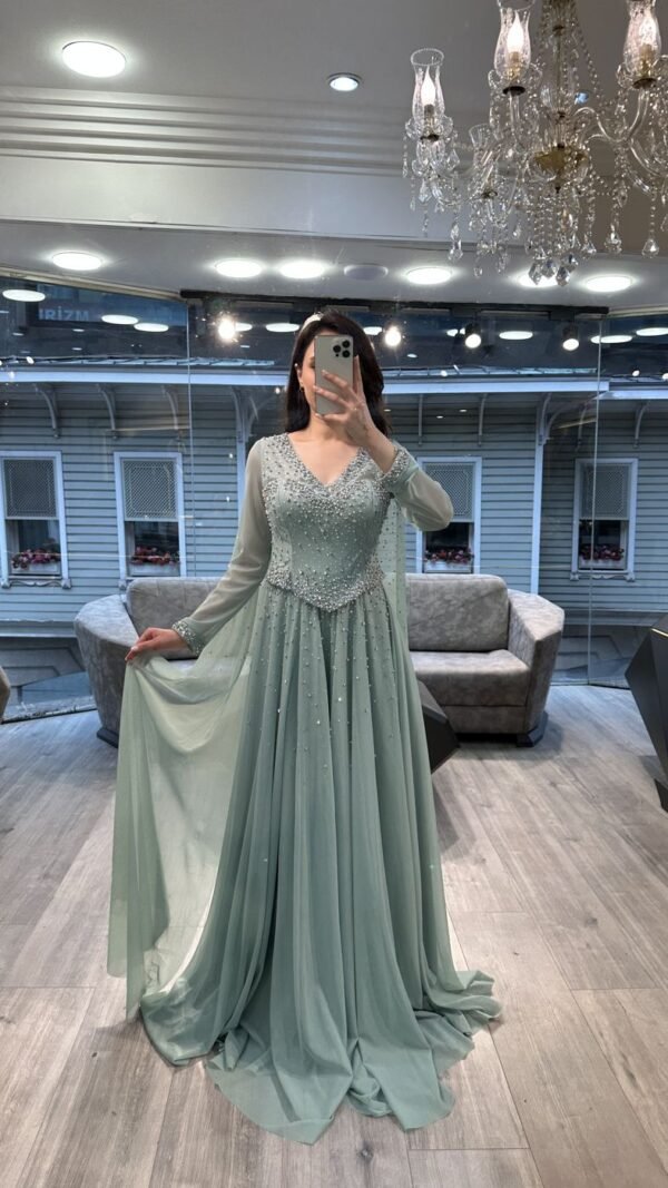 Sage Green V Neck Beaded Chiffon Evening Dress