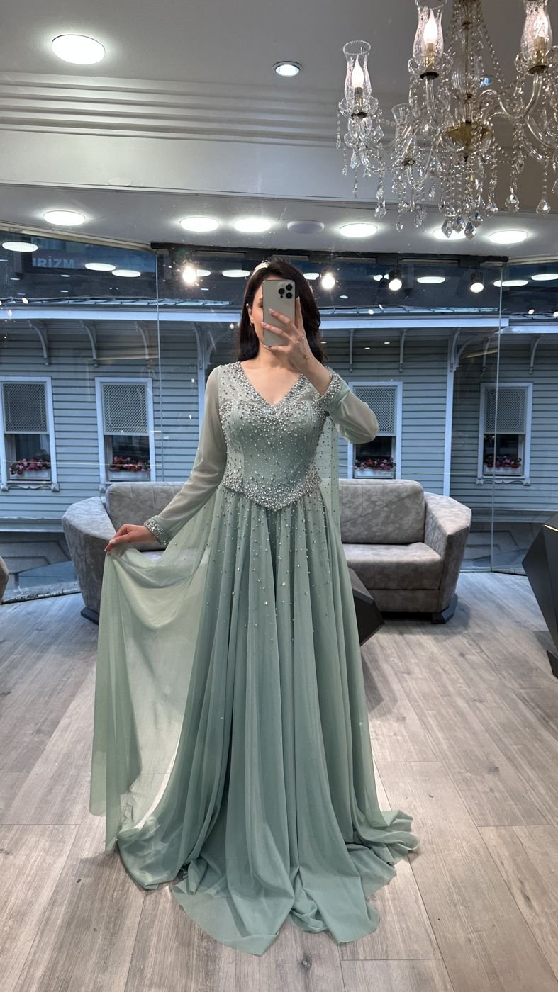 Sage Green V Neck Beaded Chiffon Evening Dress