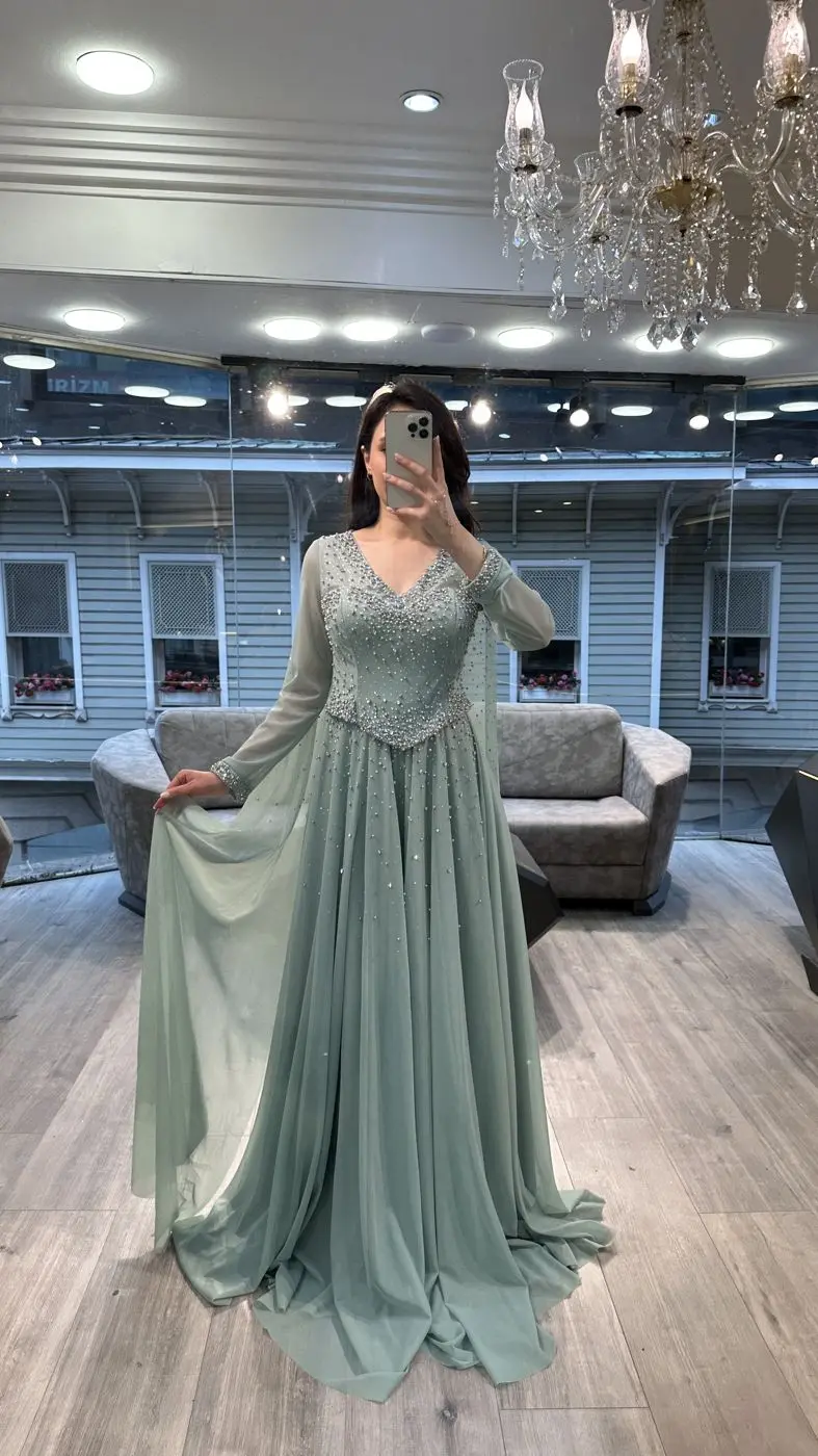 Sage Green V Neck Beaded Chiffon Evening Dress