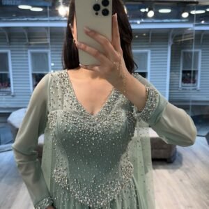 Sage Green V Neck Beaded Chiffon Evening Dress