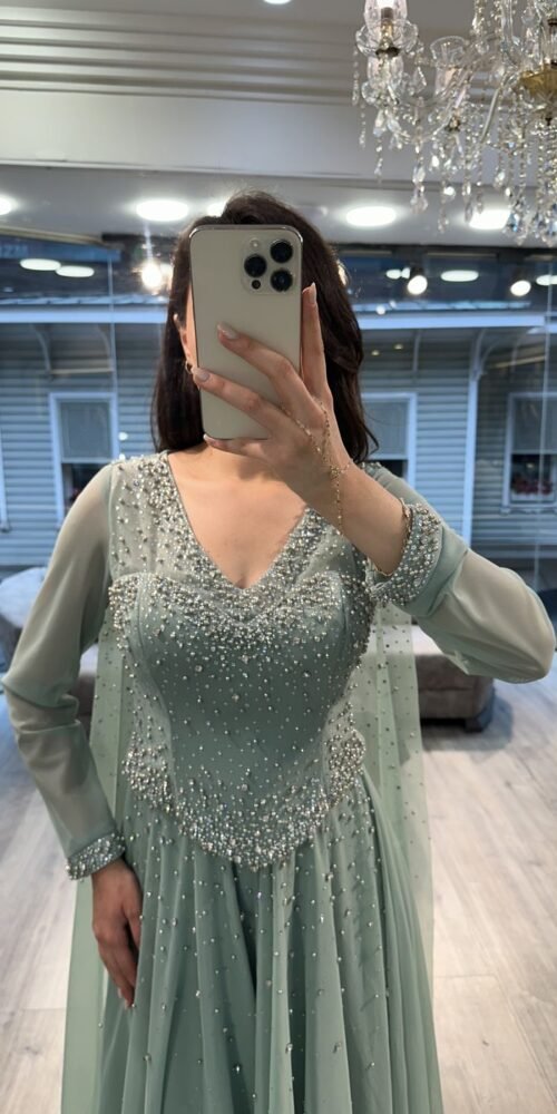 Sage Green V Neck Beaded Chiffon Evening Dress