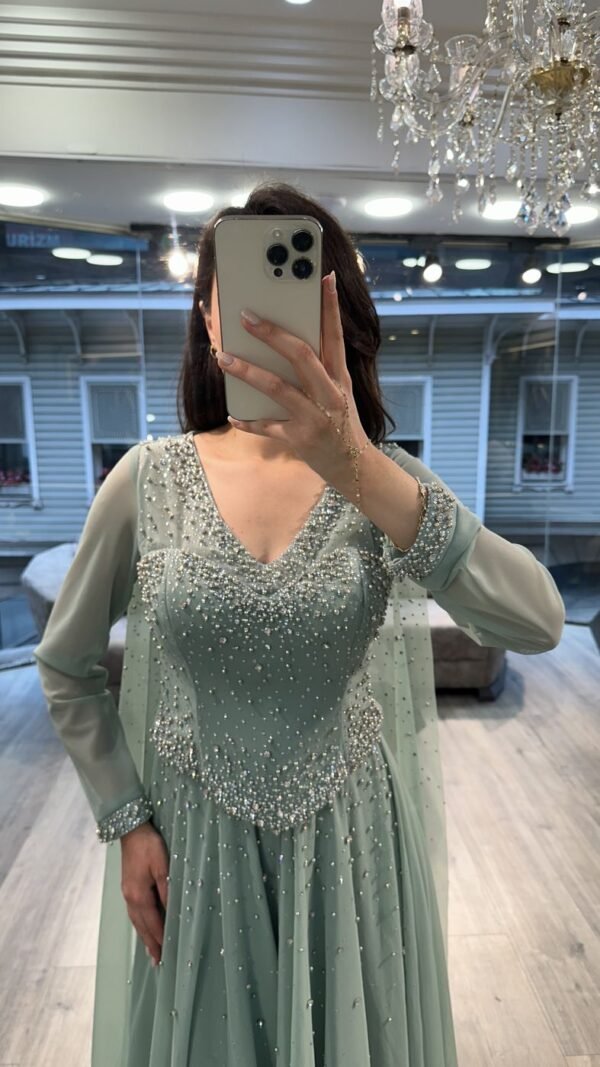 Sage Green V Neck Beaded Chiffon Evening Dress