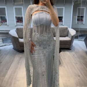 Silver Blue Corset Embellished Evening Dress With Cape