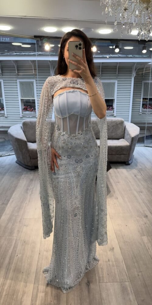Silver Blue Corset Embellished Evening Dress With Cape