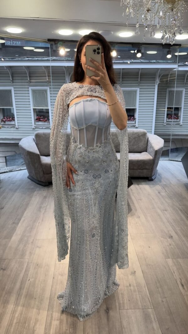 Silver Blue Corset Embellished Evening Dress With Cape