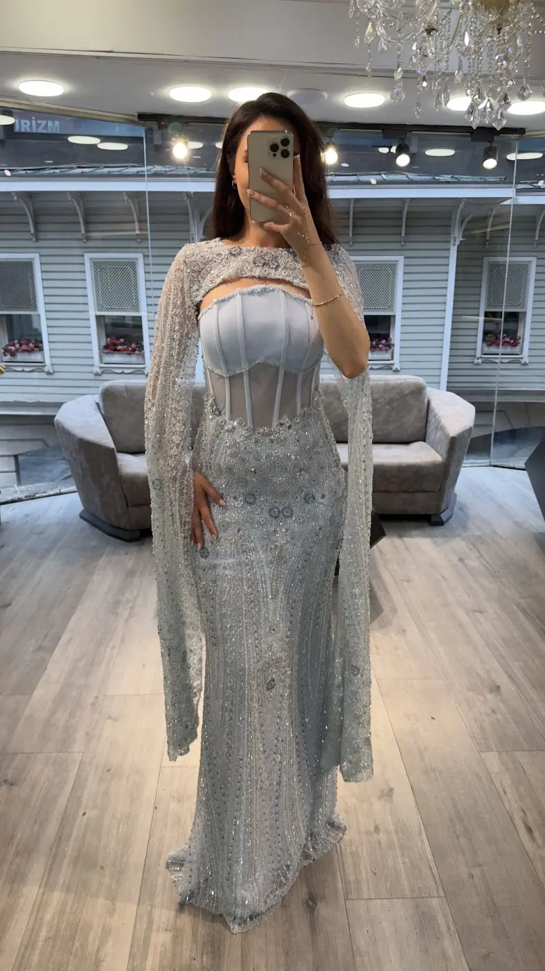 Silver Blue Corset Embellished Evening Dress With Cape