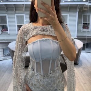 Silver Blue Corset Embellished Evening Dress With Cape