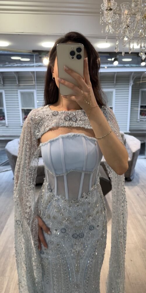 Silver Blue Corset Embellished Evening Dress With Cape