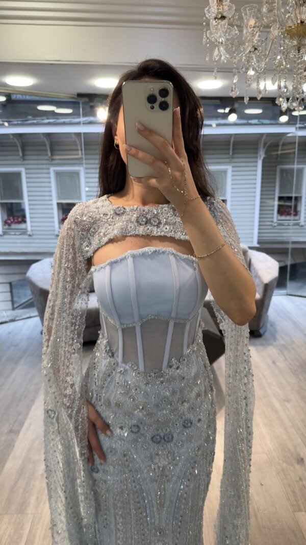 Silver Blue Corset Embellished Evening Dress With Cape