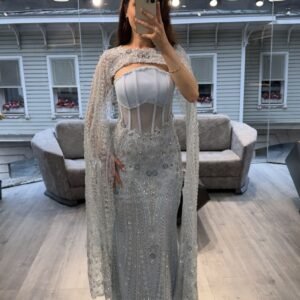 Silver Blue Corset Embellished Evening Dress With Cape