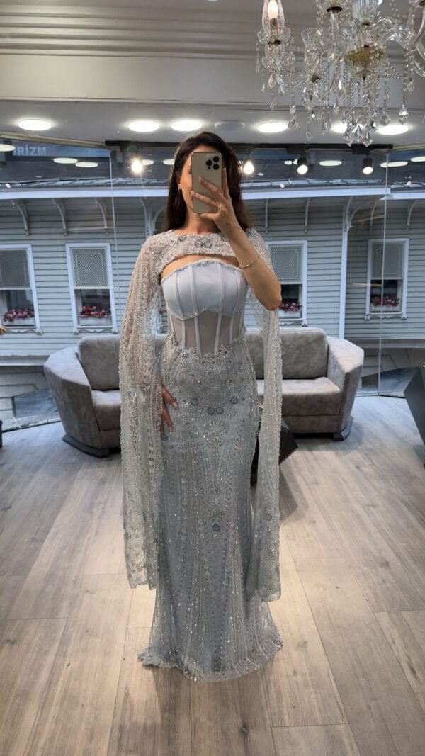 Silver Blue Corset Embellished Evening Dress With Cape