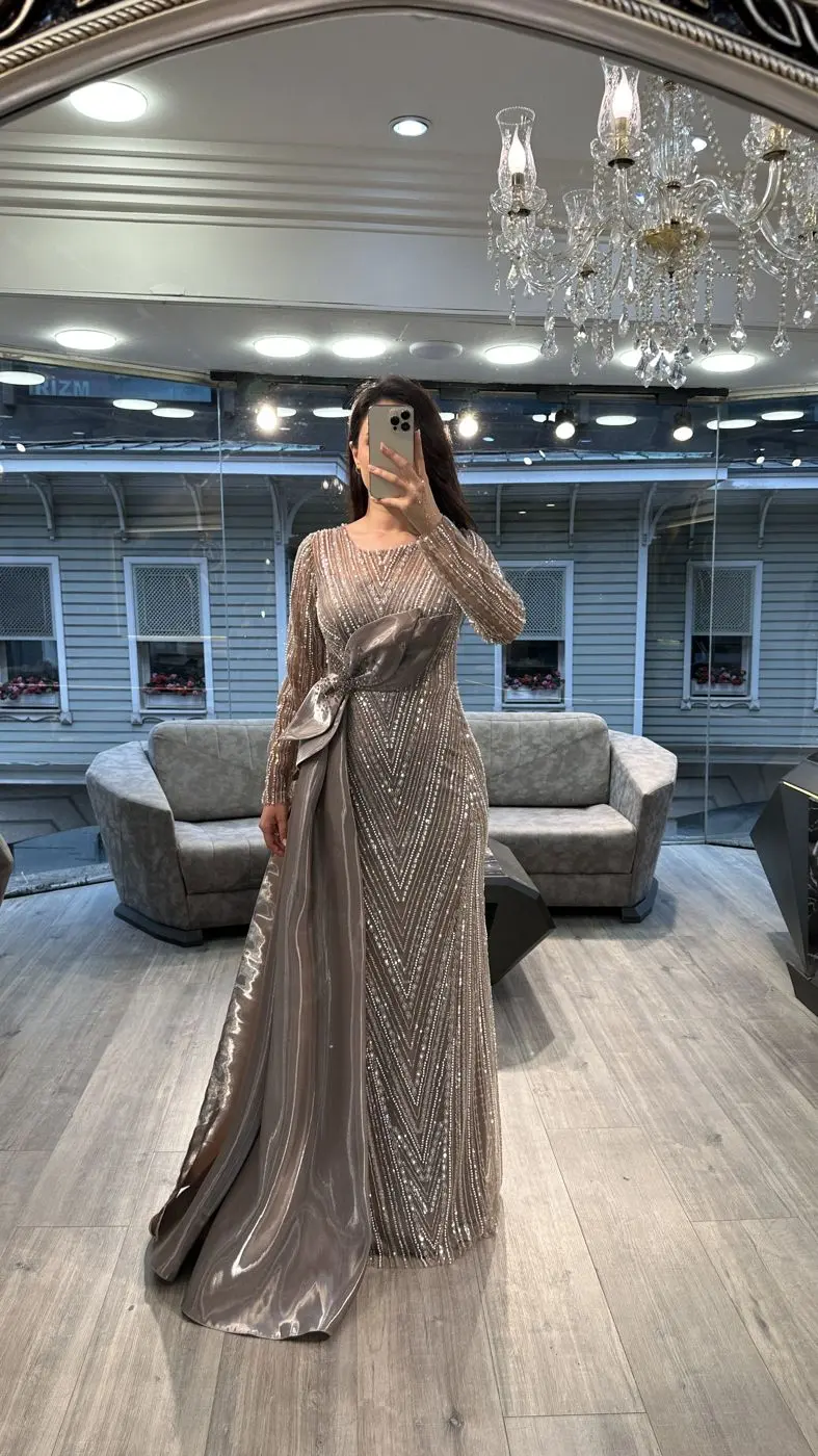 Silver Grey Beaded Evening Gown With Satin Bow Train