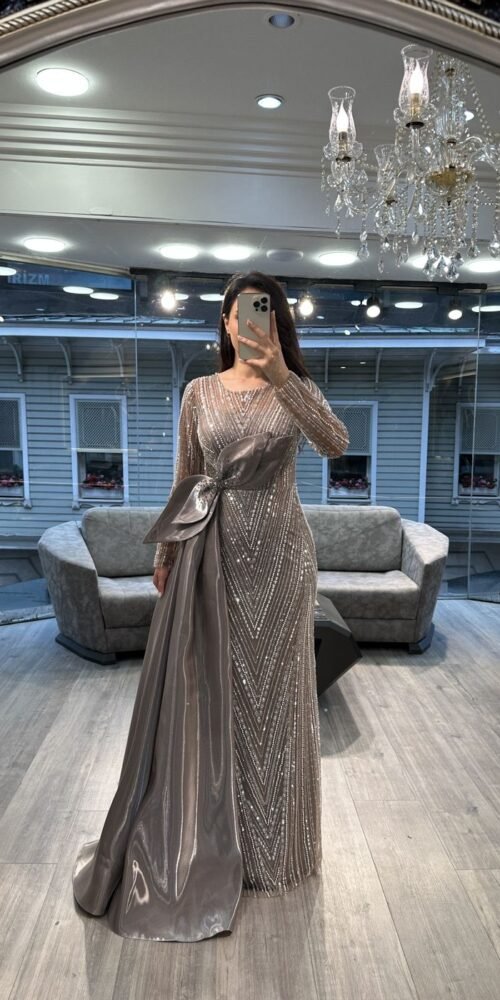 Silver Grey Beaded Evening Gown With Satin Bow Train