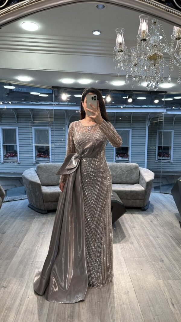 Silver Grey Beaded Evening Gown With Satin Bow Train Silver Grey Beaded Evening Gown With Satin Bow Train
