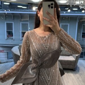 Silver Grey Beaded Evening Gown With Satin Bow Train Silver Grey Beaded Evening Gown With Satin Bow Train