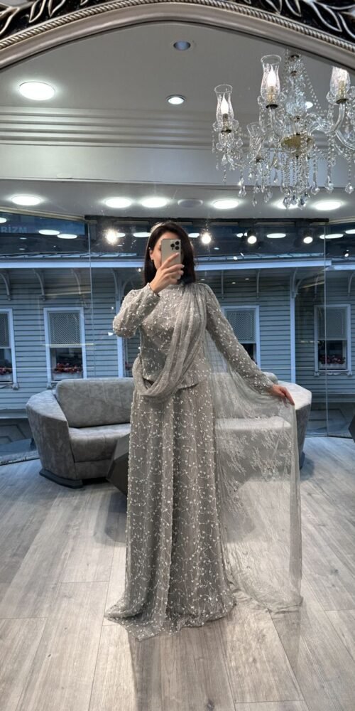 Silver Sequin Long Sleeve Evening Dress With Draped Scarf
