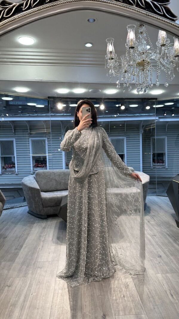 Silver Sequin Long Sleeve Evening Dress With Draped Scarf