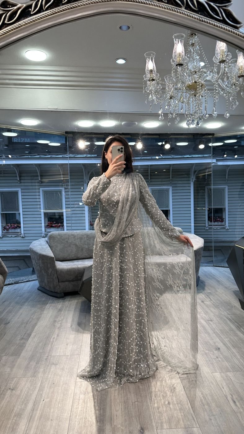 Silver Sequin Long Sleeve Evening Dress With Draped Scarf