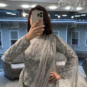 Silver Sequin Long Sleeve Evening Dress With Draped Scarf