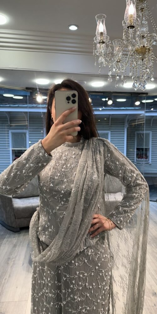 Silver Sequin Long Sleeve Evening Dress With Draped Scarf
