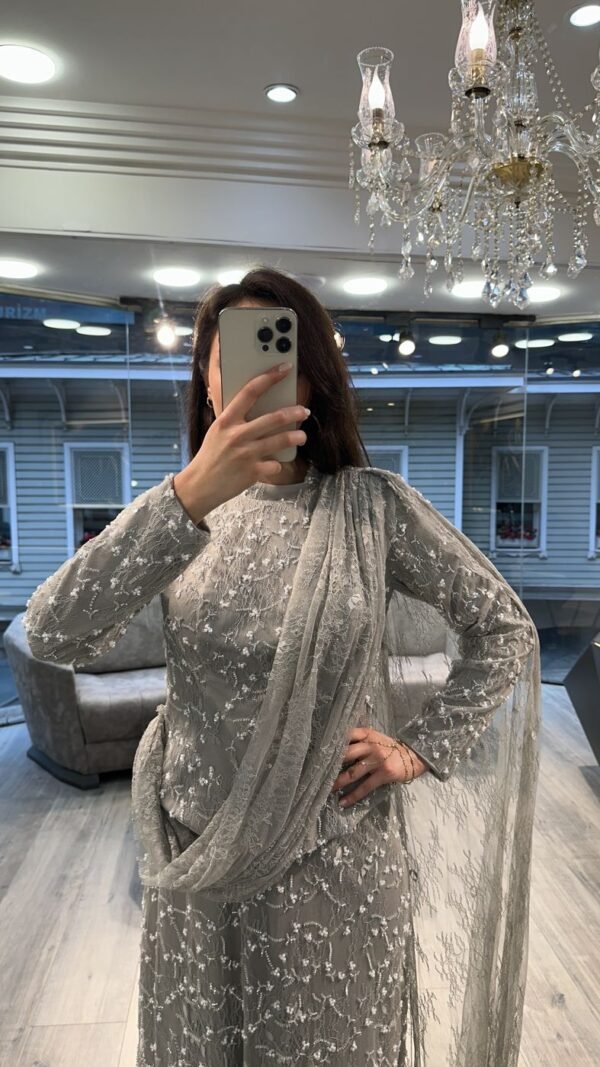 Silver Sequin Long Sleeve Evening Dress With Draped Scarf