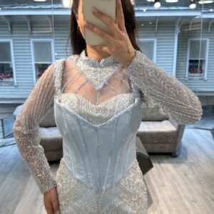 Silver White Long Sleeve Beaded Evening Dress Silver White Long Sleeve Beaded Evening Dress